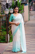 Green Poly Chiffon Striped Saree with Unstitched Blouse - Hiral Fashion | Grocsy