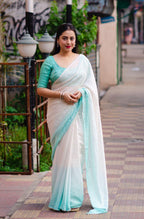 Green Poly Chiffon Striped Saree with Unstitched Blouse - A2M | Grocsy