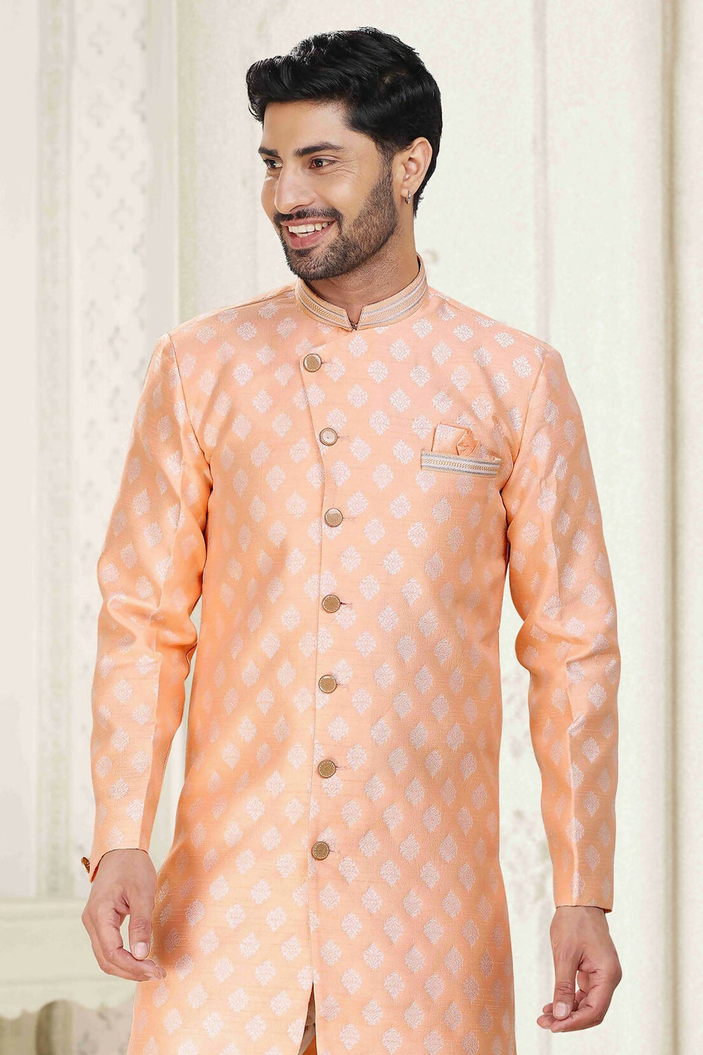 Raivat Ethnic Banarasi Jacquard Embroidery Semi Indo Western Sherwani In Peach Colour | Grocsy