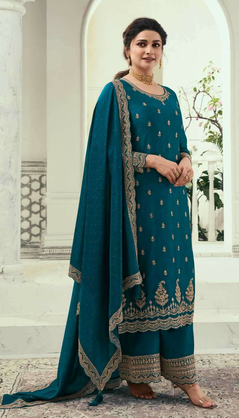 Anaita Teal Blue Silk Georgette Stitched Suit with Embroidery Sequins | Grocsy