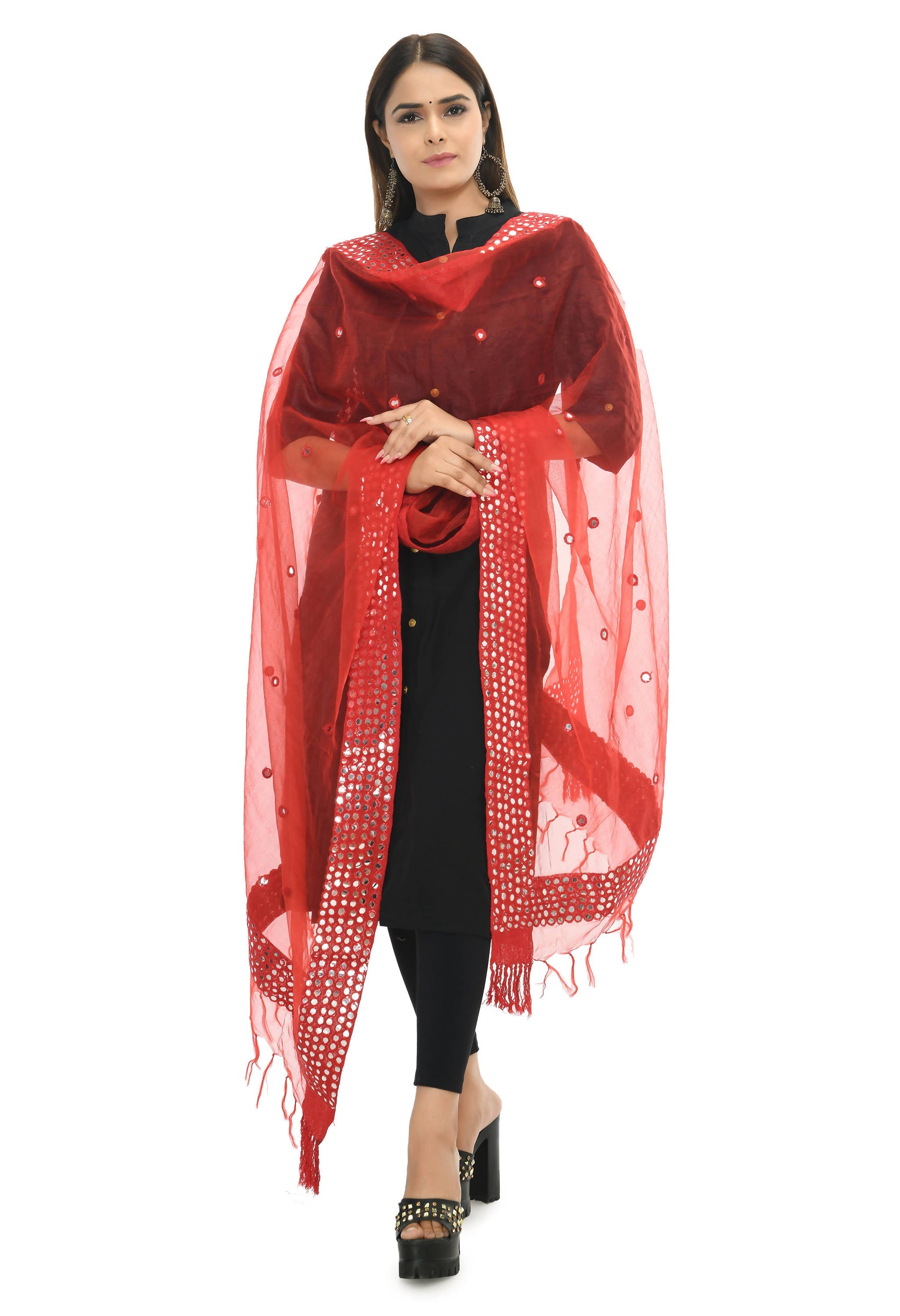 Mominos Fashion Moeza 6 Line Mirror Border Red Dupatta | Grocsy