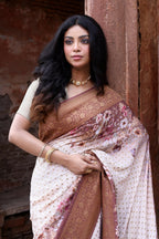 Joban Fashion Ivory And Dusty Rose Crepe Chiffon Pure Handloom Banarasi Silk Saree | Grocsy