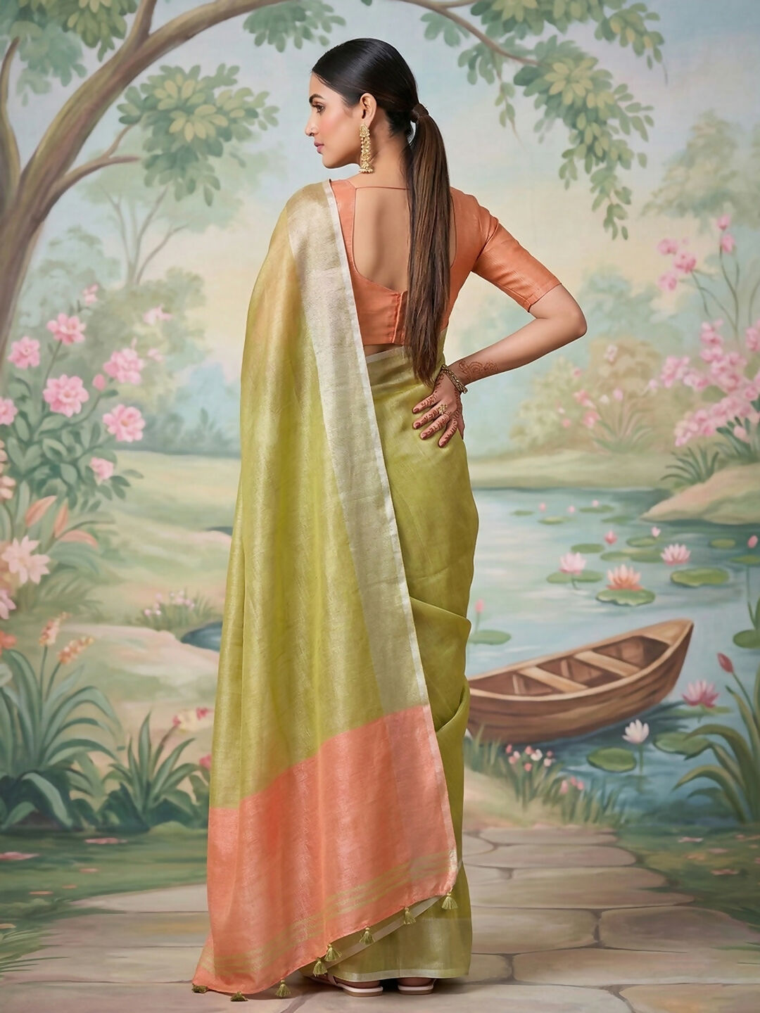 Shree Shyam Fashion Green Tissue Silk Saree | Grocsy