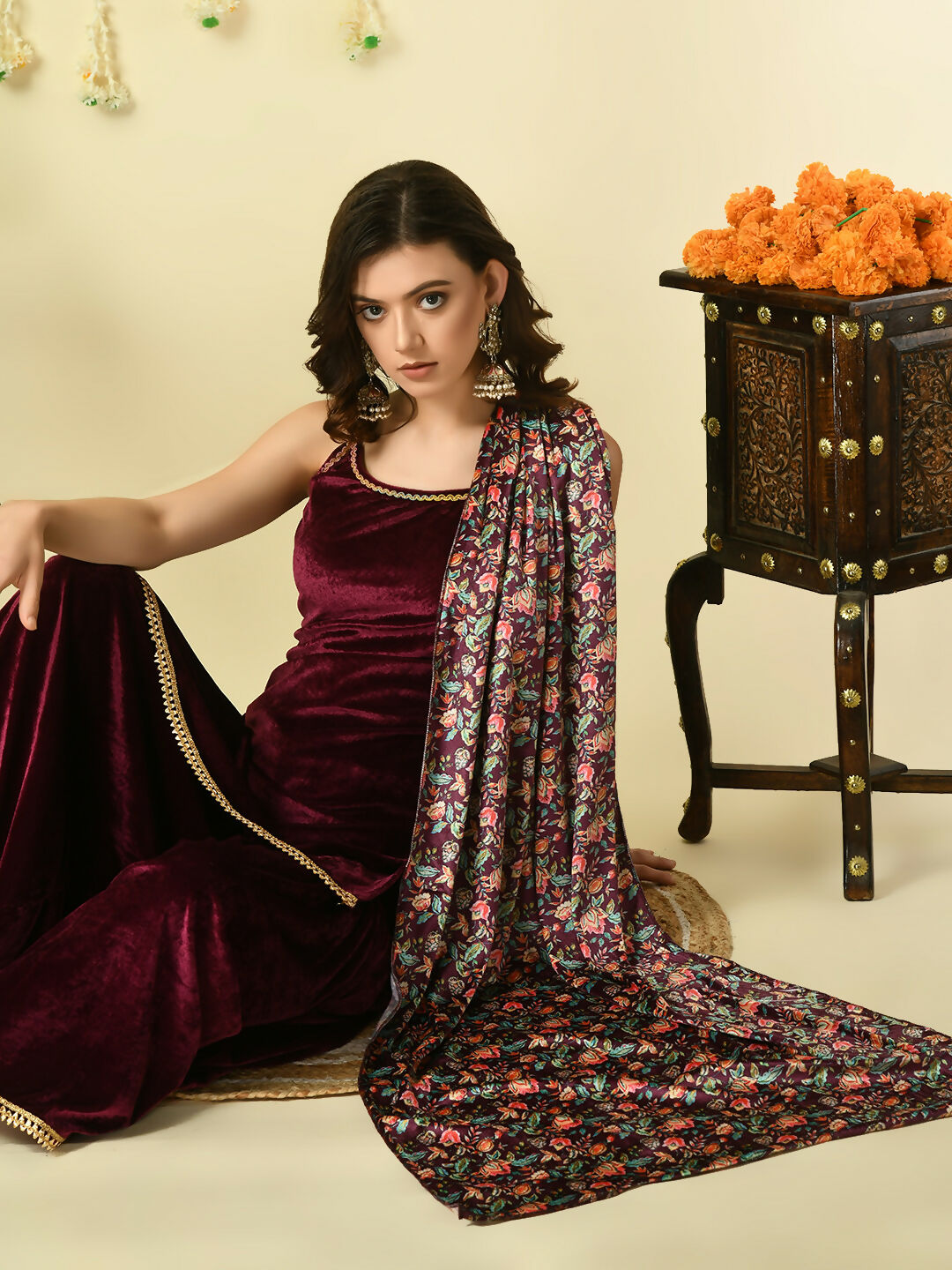 Myshka Women's Magenta Velvet Kurti & Sharara With Dupatta Party Sets | Grocsy