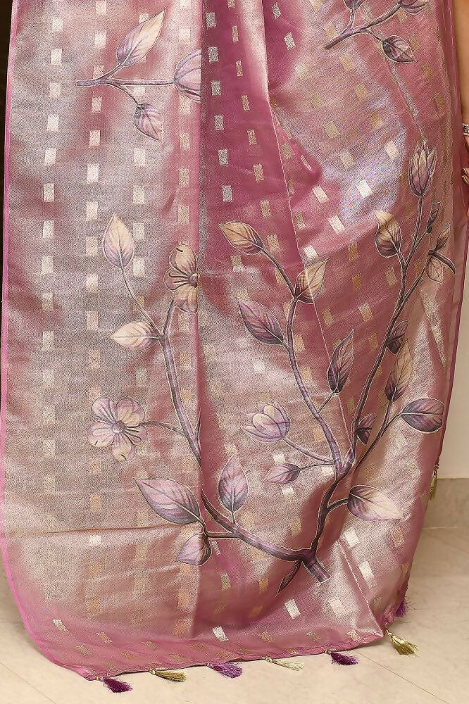Joban Fashion Purple Saree Tissue Zari Buti Allover Applick With Contrast Blouse | Grocsy