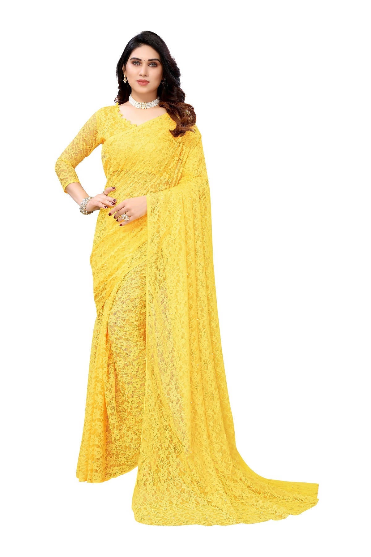 Vamika Ethnic Fire Yellow Pearls Net Saree | Grocsy