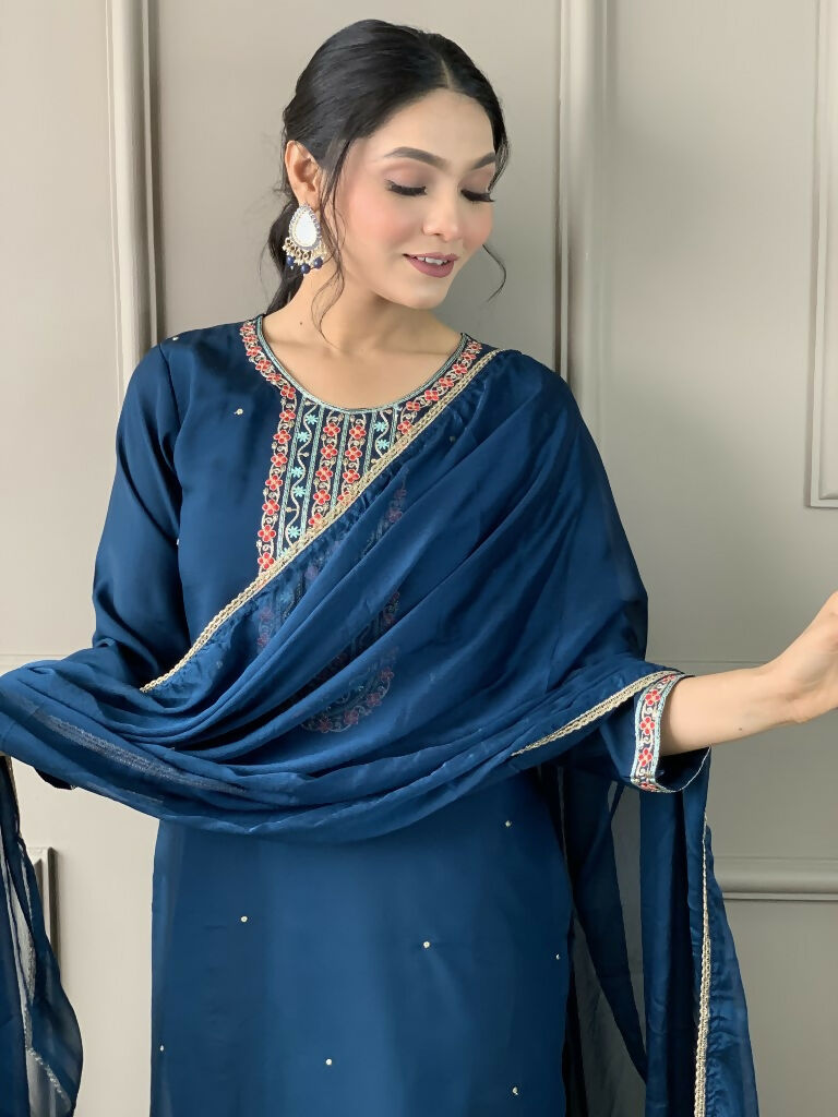 Blue Viscose Chanderi Stitched Suit With Dupatta - Tanisha | Grocsy
