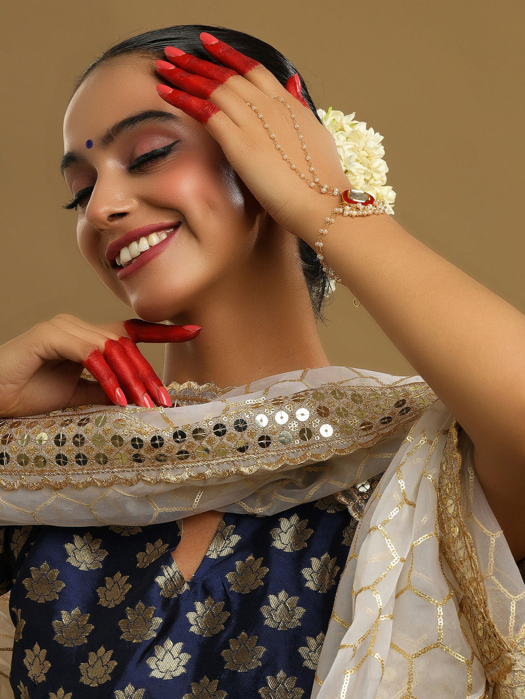 Ruby Raang Gold Red Meenakari Kundan Haath Phool | Grocsy