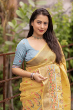 Yellow Pure Linen Ethnic Motifs Saree with Unstitched Blouse - Hiral Fashion | Grocsy
