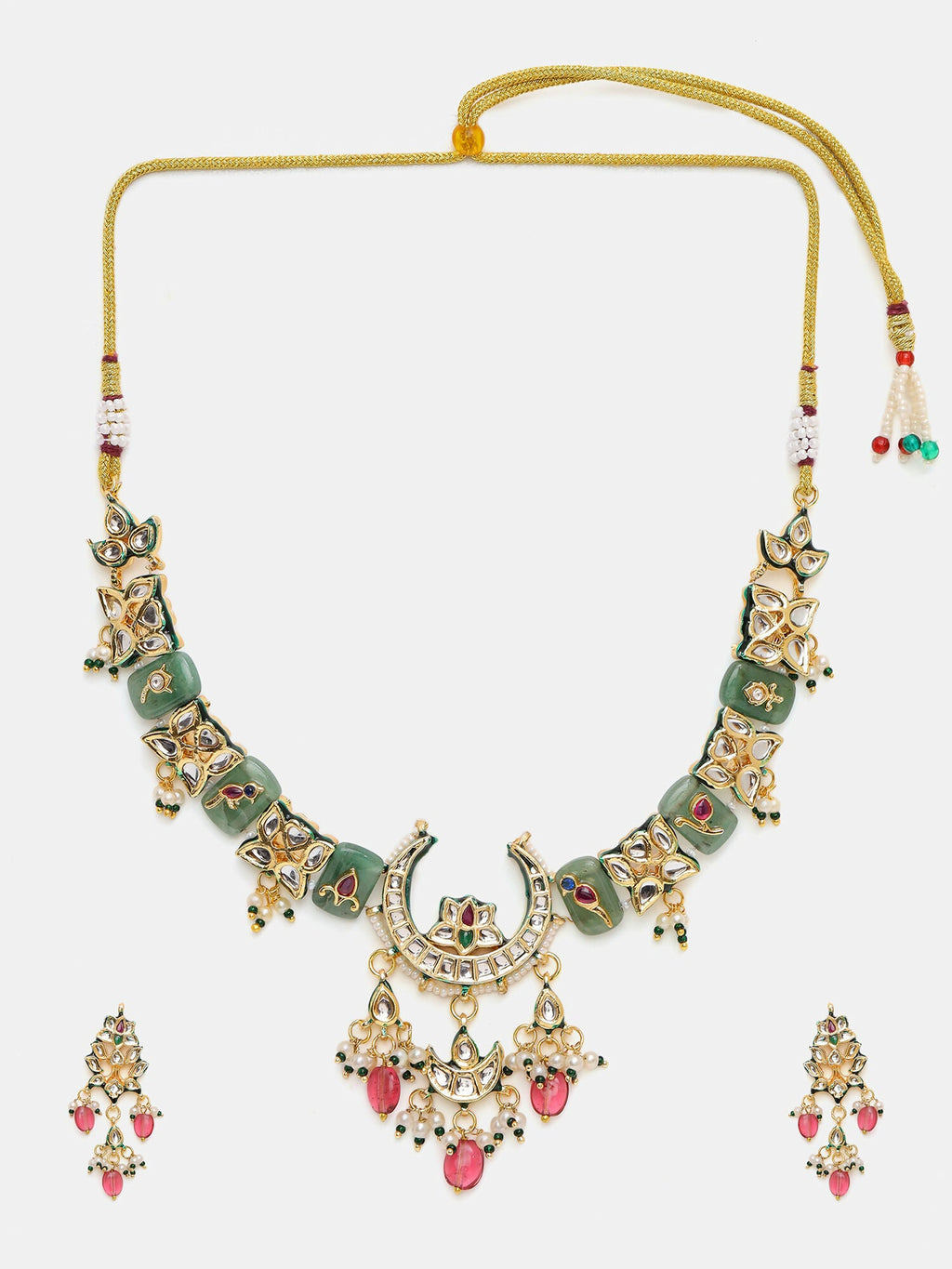 Ruby Raang Gold Polished Multi-Color Kundan And Stonework Necklace With Matching Earrings | Grocsy
