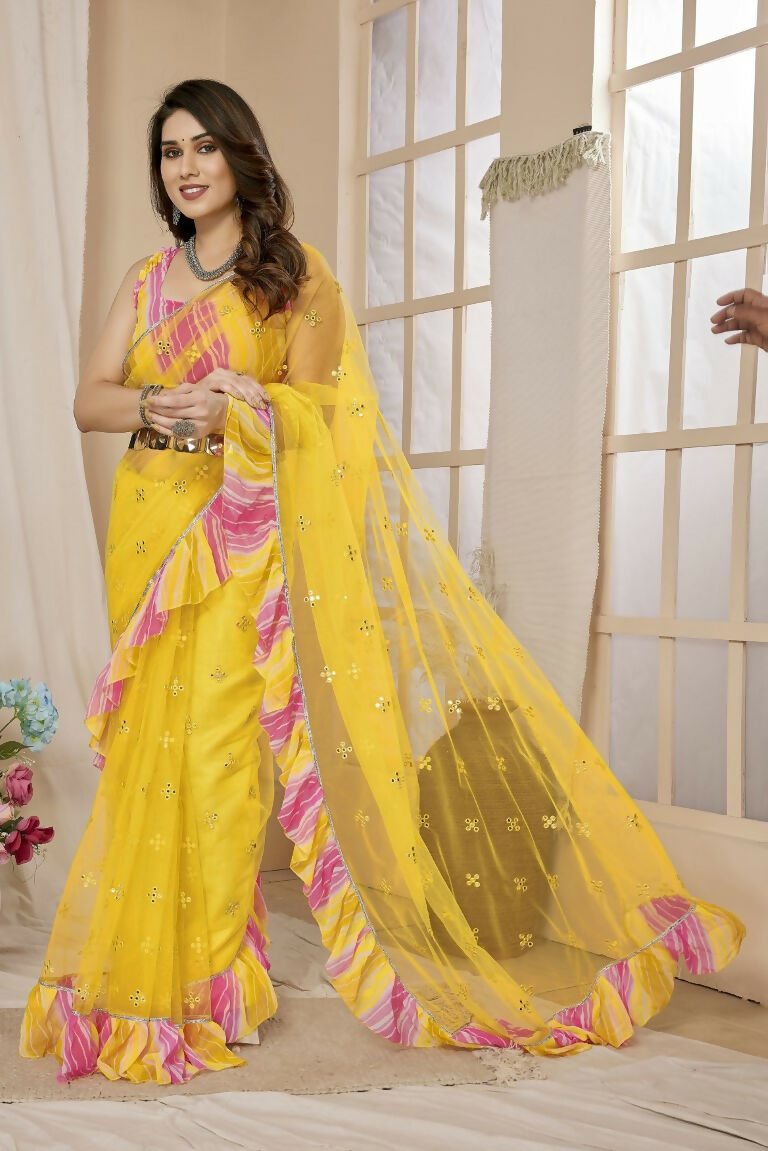 Partywear Designer Yellow Net Fancy Saree - Dyuti | Grocsy