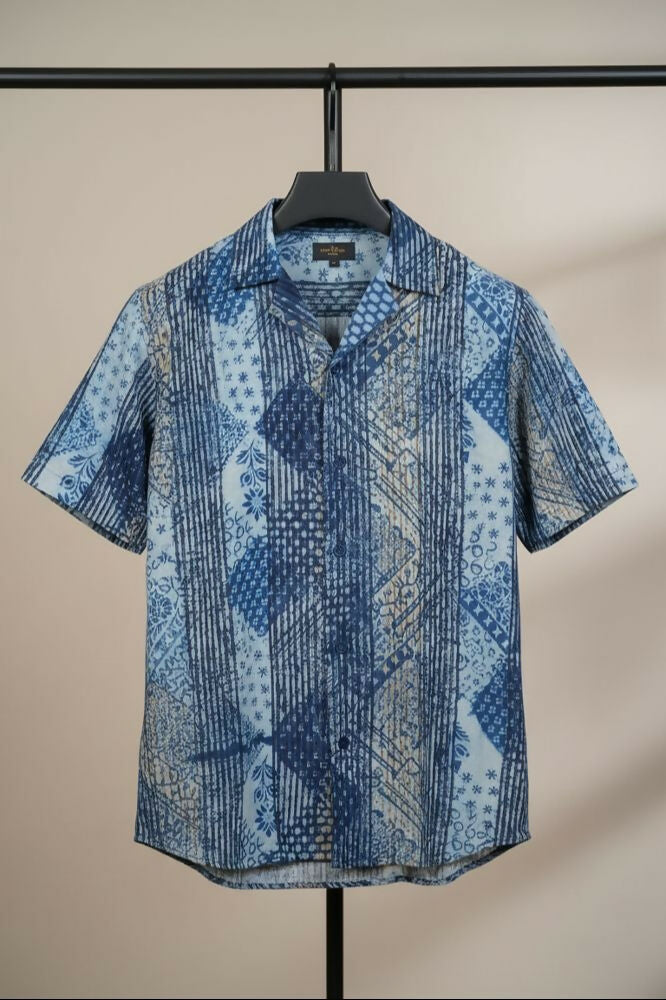 Samudra — Sea Blue Dabu Cotton Shirt by Hilo Design | Grocsy