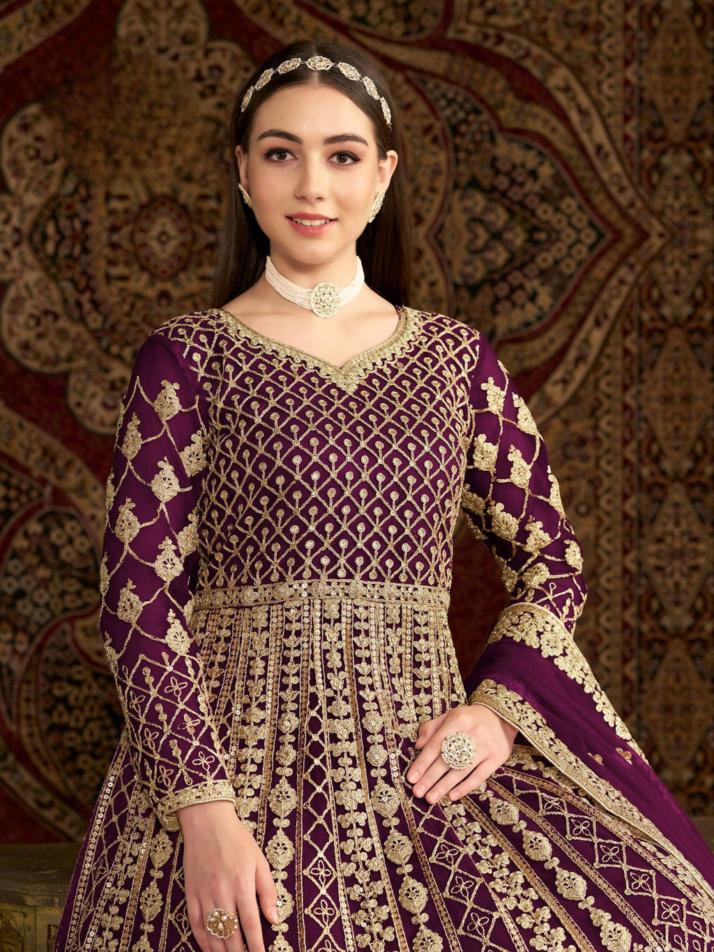 Anaita Purple Embroidered Net Stitched Anarkali Suit | Grocsy