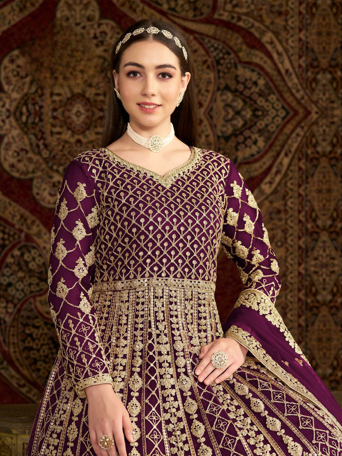 Anaita Purple Embroidered Net Stitched Anarkali Suit | Grocsy