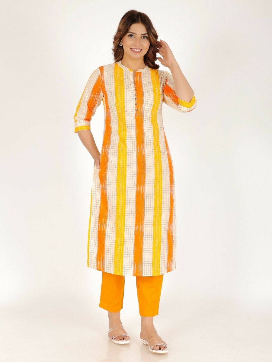 Aramya Yellow Soft Cotton Checkered Print Straight Kurta Set for Women | Grocsy