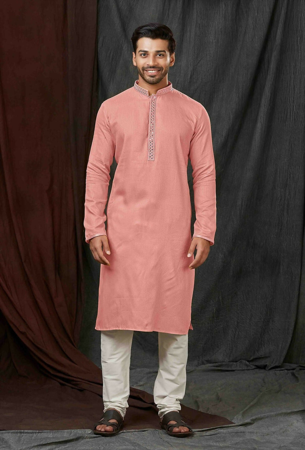 Joban Fashion Peach Self Jacquard Kurta Pyjama | Grocsy