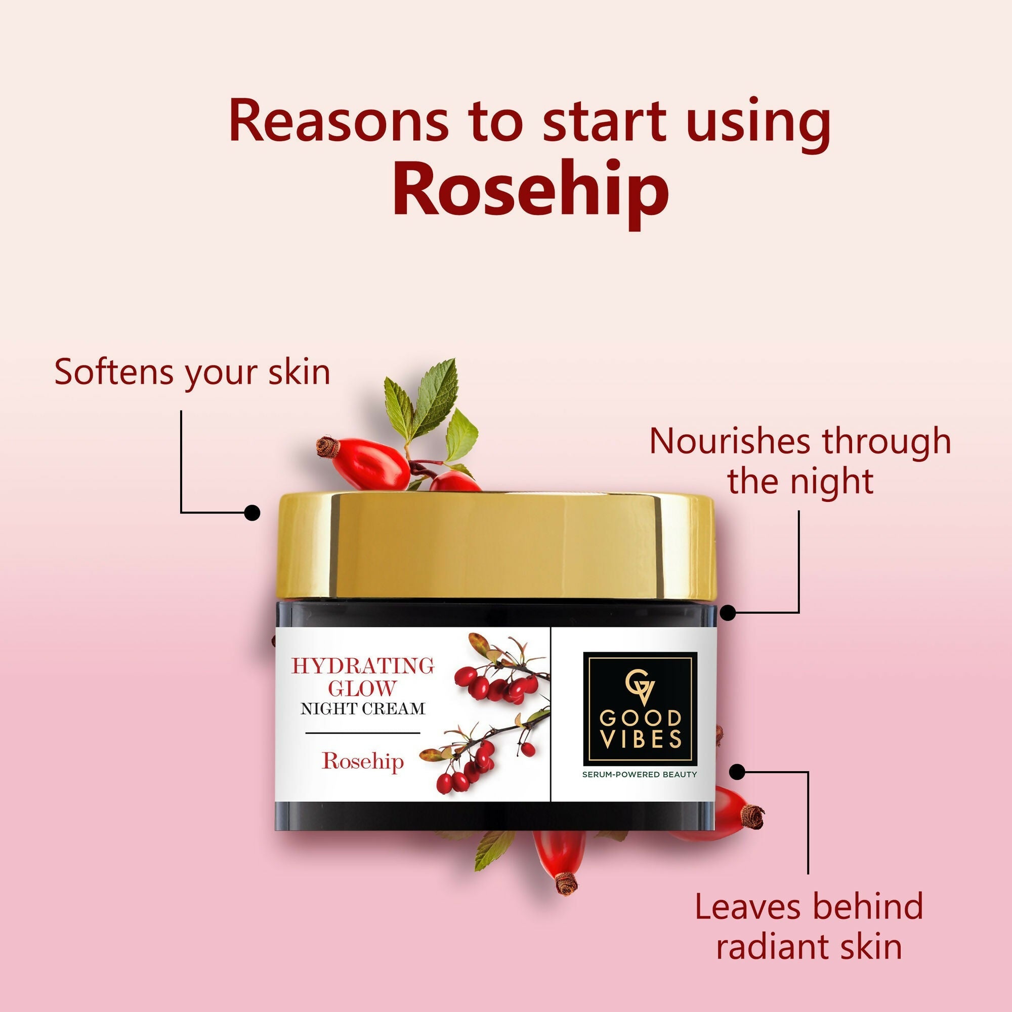 Good Vibes Rosehip Hydrating Glow Night Cream - Nourshing, Skin renewing, Sleep treatment | Grocsy