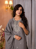 Juniper Women's Dark Grey Zari Embroidered Viscose Kurta Pant And Dupatta Set | Grocsy