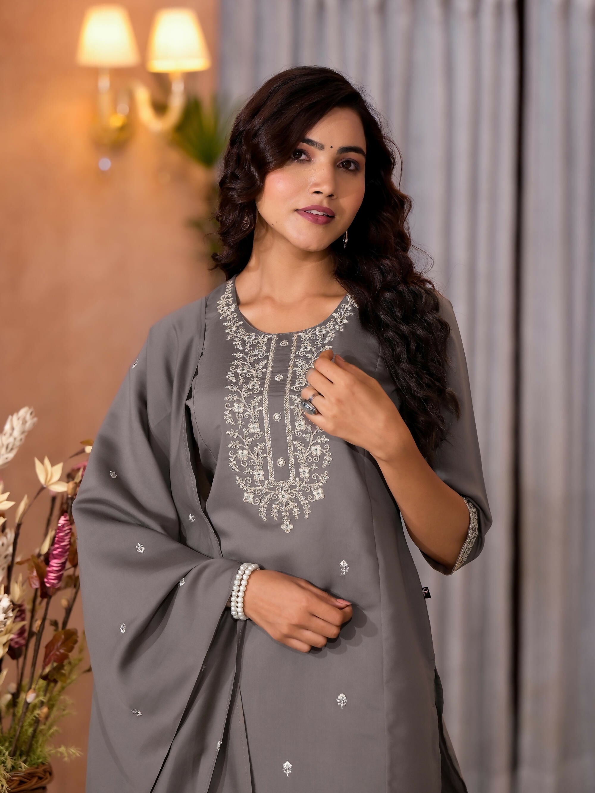 Juniper Women's Dark Grey Zari Embroidered Viscose Kurta Pant And Dupatta Set | Grocsy