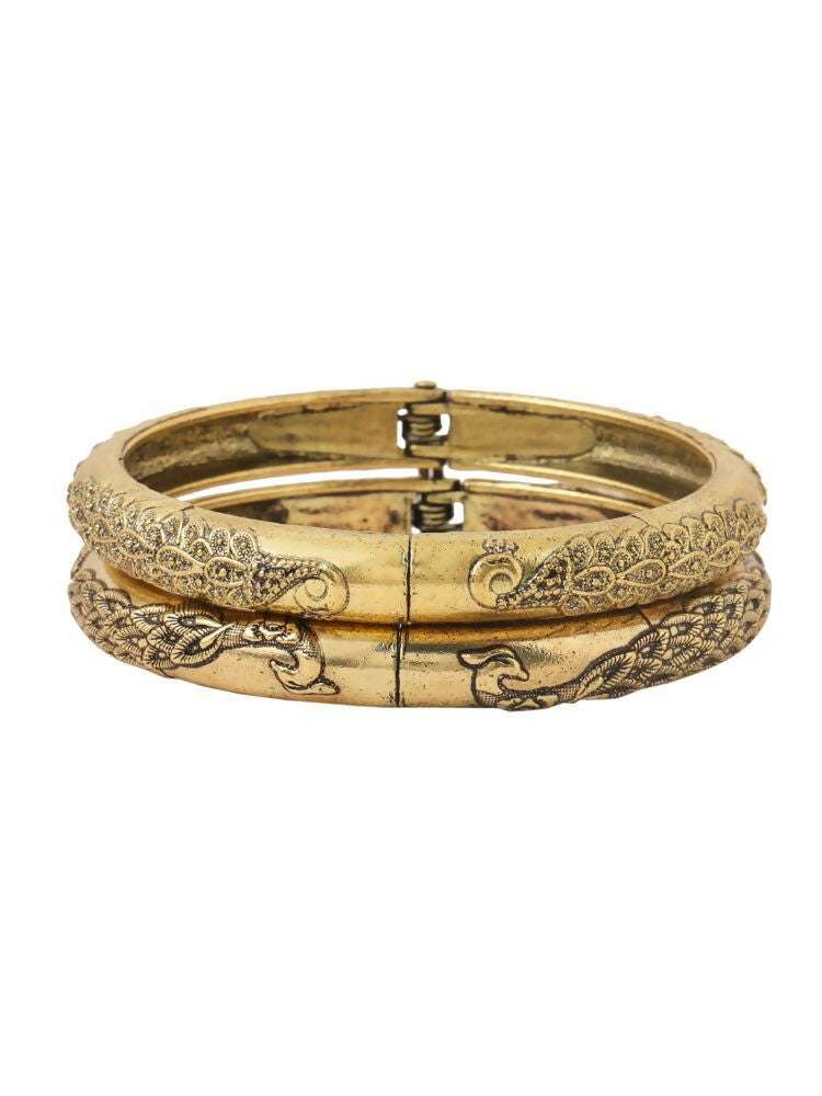 NVR Women Set of 2 Gold-Polished Leaf Design Oxidised Bangles