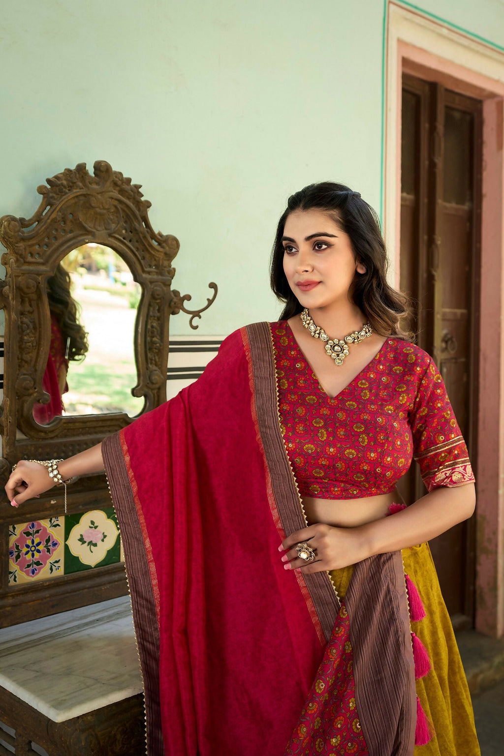 Vastranavya Kashmiri Print With Foil Print Lehenga With Unstitched Printed Blouse - Mustard | Grocsy
