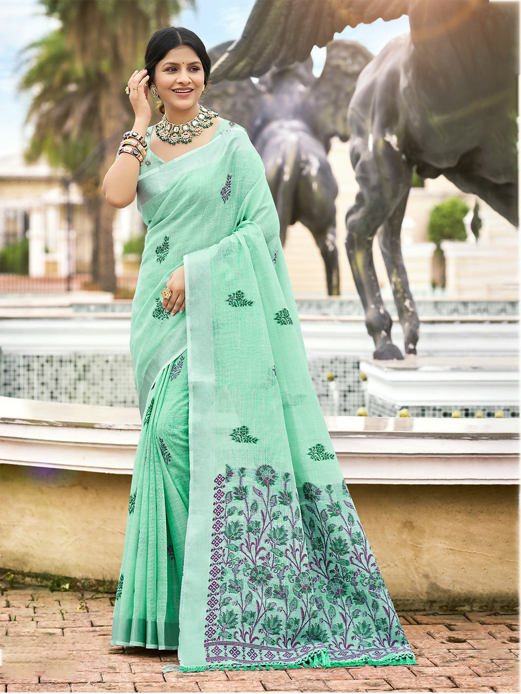 Sangam Prints Olive Green Linen Woven Work Traditional Saree | Grocsy