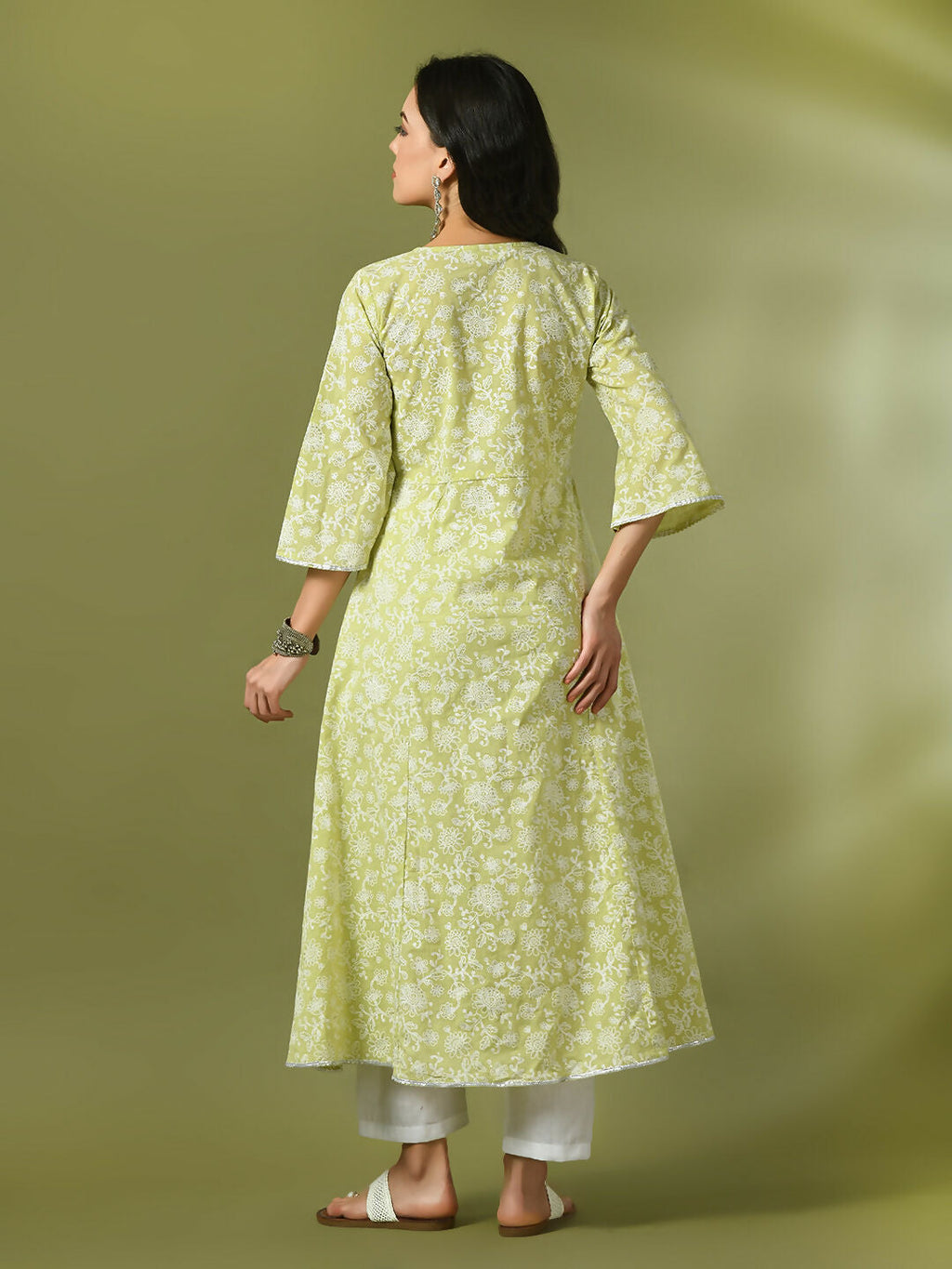 Myshka Women'sLime Green Printed Cotton Anarkali Party Kurta Set | Grocsy