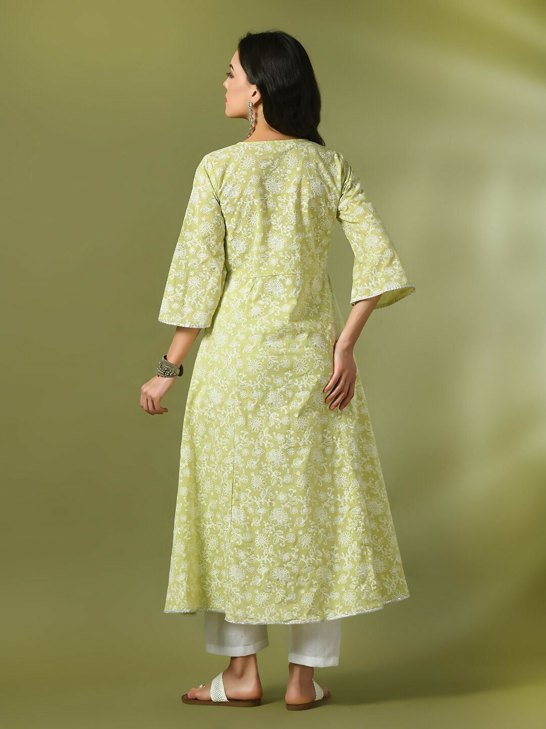 Myshka Women'sLime Green Printed Cotton Anarkali Party Kurta Set | Grocsy