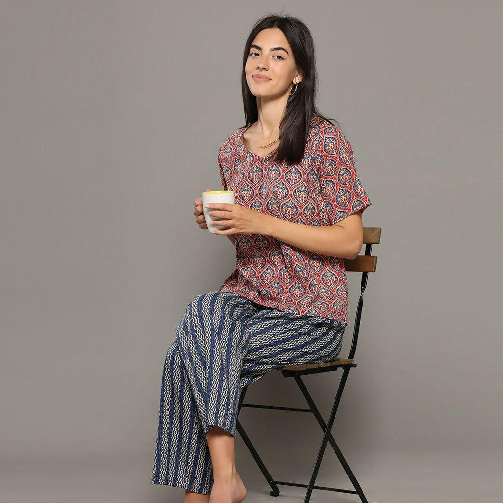 Breathables Women Cotton Printed Loungewear Kurta And Pants Co-Ord Set Pink & Navy I Nightwear | Grocsy
