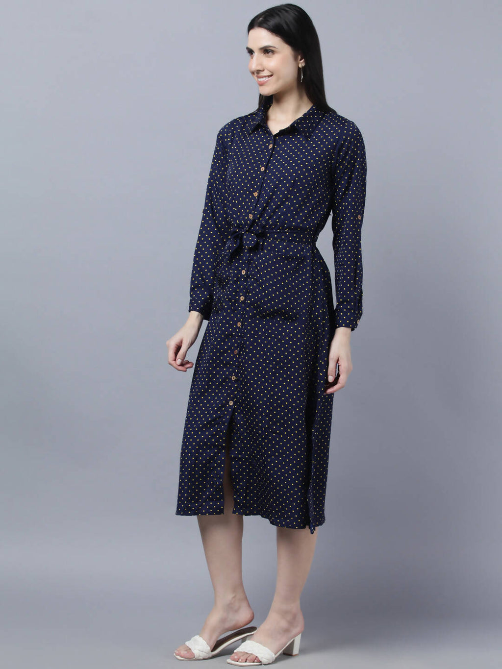 Myshka Women Navy Blue Yellow Printed Shirt Dress | Grocsy