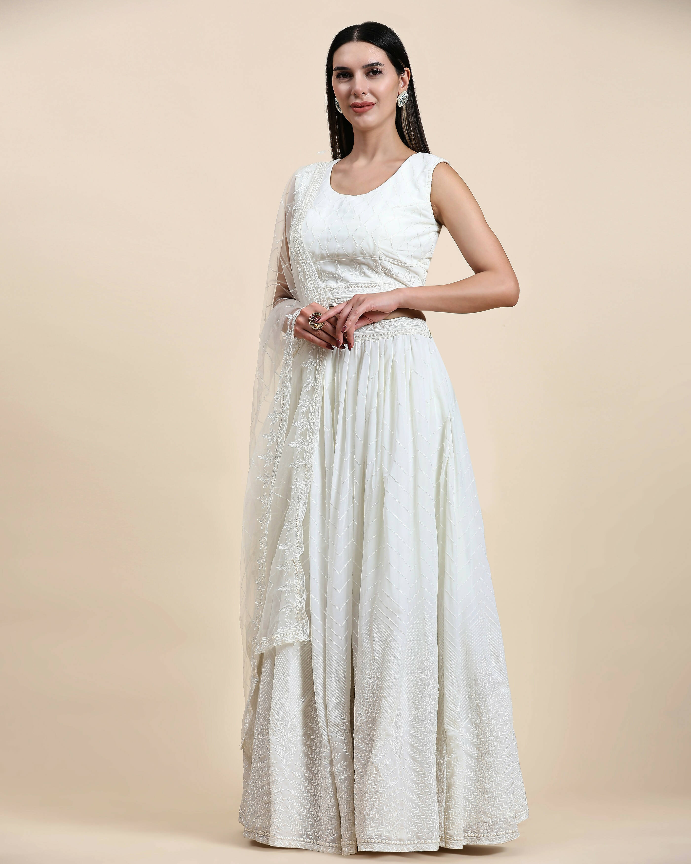 White Pure Viscose Georgette Sequence Embroidery work Lehenga Choli with Dupatta - Aakriti | Grocsy