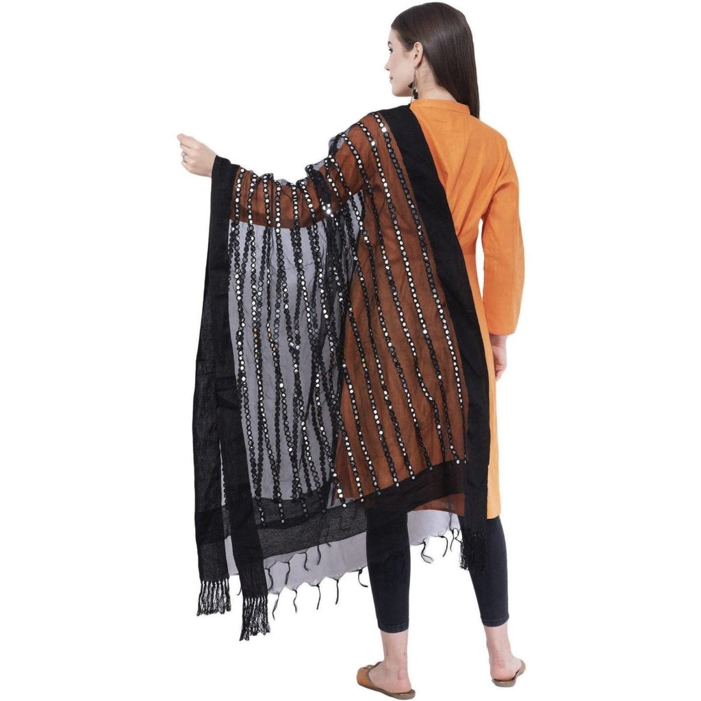 A R Silk Women's Mirror Work Orgenza Cotton Black Dupattas and Chunnis | Grocsy