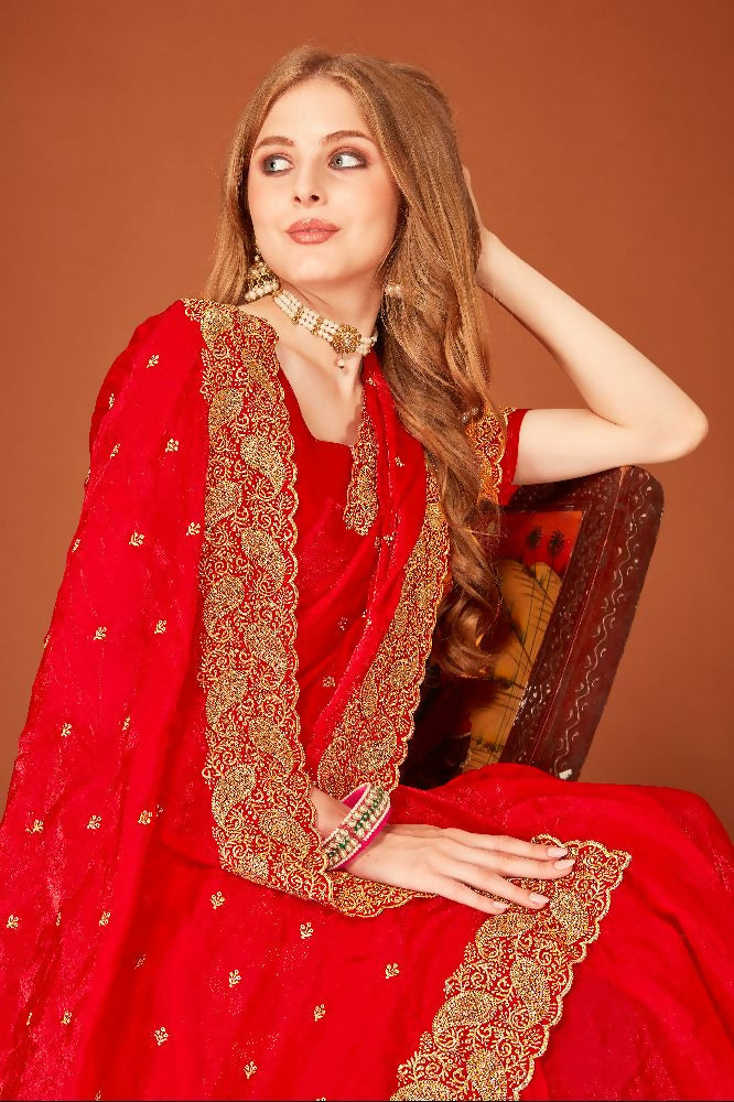 PR Fashion Red Fendi Two Tone Silk Heavy Zari Embroidery Work With Heavy Siroski Work Saree | Grocsy