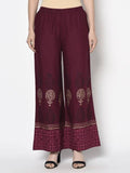 Aniyah Rayon Wine Color Block Print Flared Slip-On Palazzo (AN-173K) | Grocsy