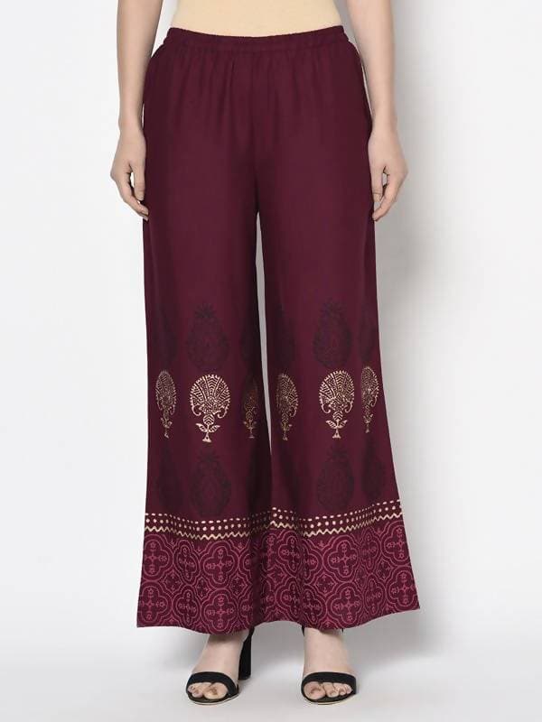 Aniyah Rayon Wine Color Block Print Flared Slip-On Palazzo (AN-173K) | Grocsy