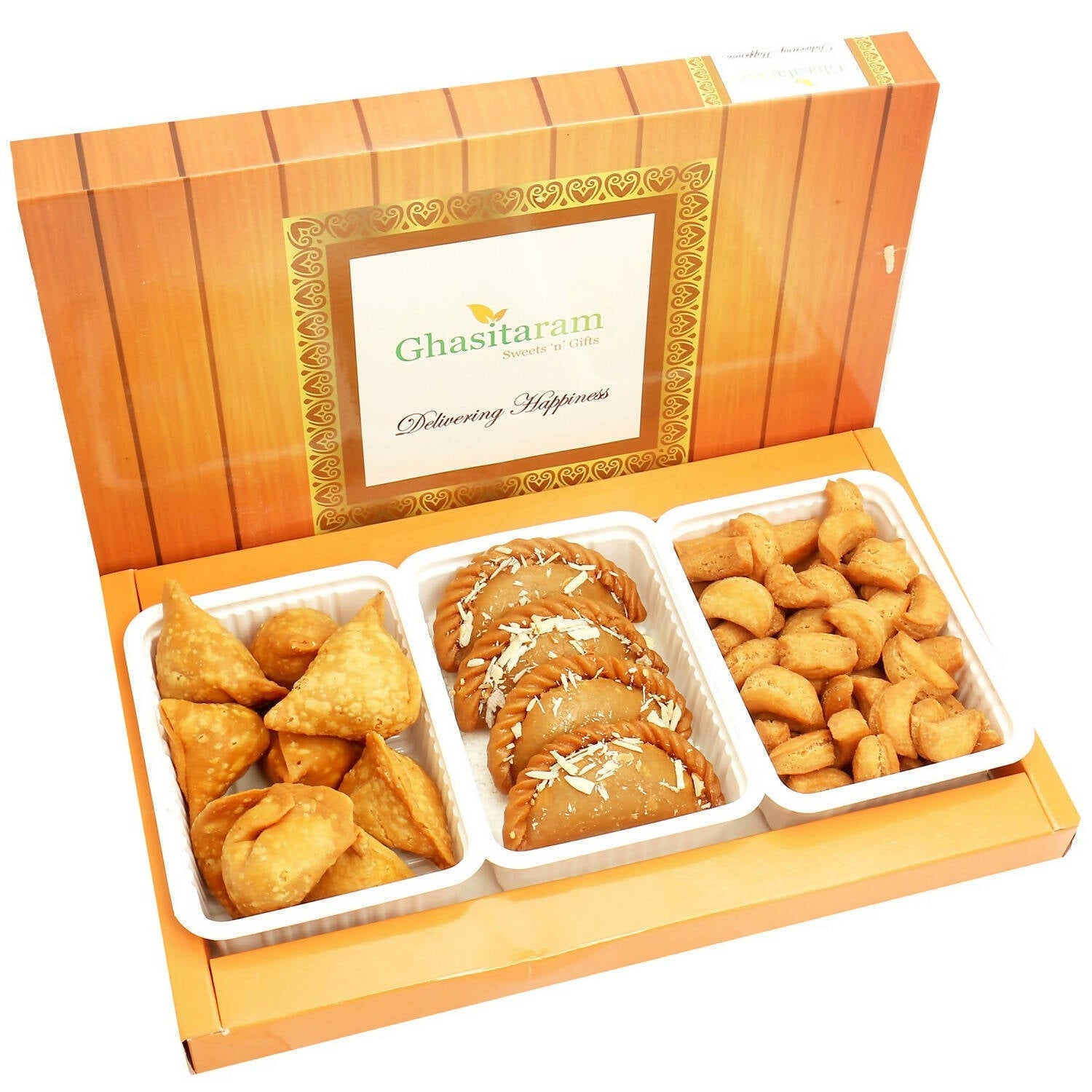 Ghasitaram Holi Hampers: Gujiya, Farsan Samosa and Mini Gujiya Namkeen hamper | Grocsy