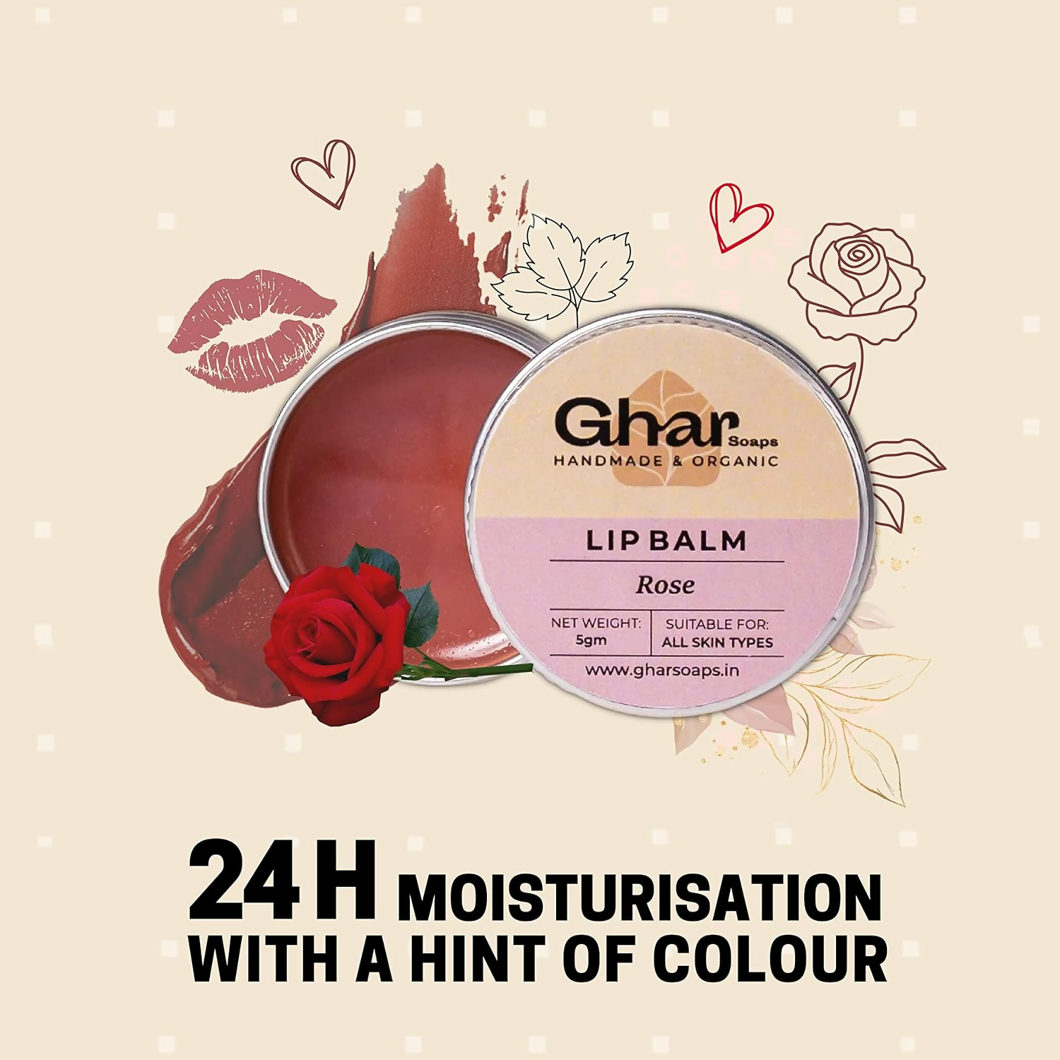 Ghar Soaps Rose Lip Balm For Dry Damaged & Chapped Lips | Grocsy