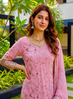Teeya Creation Pink Faux Georgette Multi Thread Work Wedding Wear Sharara Set | Grocsy