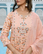 Vaasva Women's Peach Cotton Anarkali Set With Solid Pant And Embroidered Dupatta | Grocsy