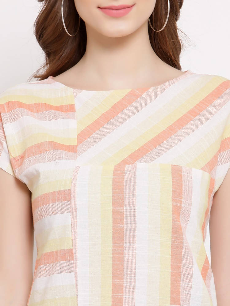 Myshka Women's Yellow Cotton Short Sleeve Round Neck Printed Casual Top | Grocsy