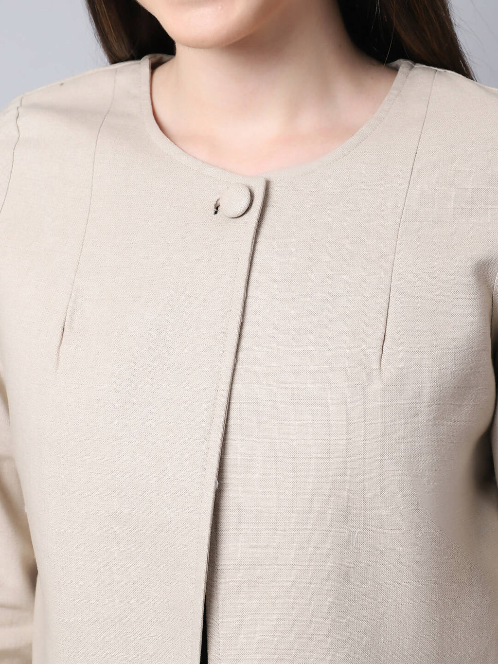 Even Apparels Cream Linen Cotton Open Front Statement Women's Jacket | Grocsy
