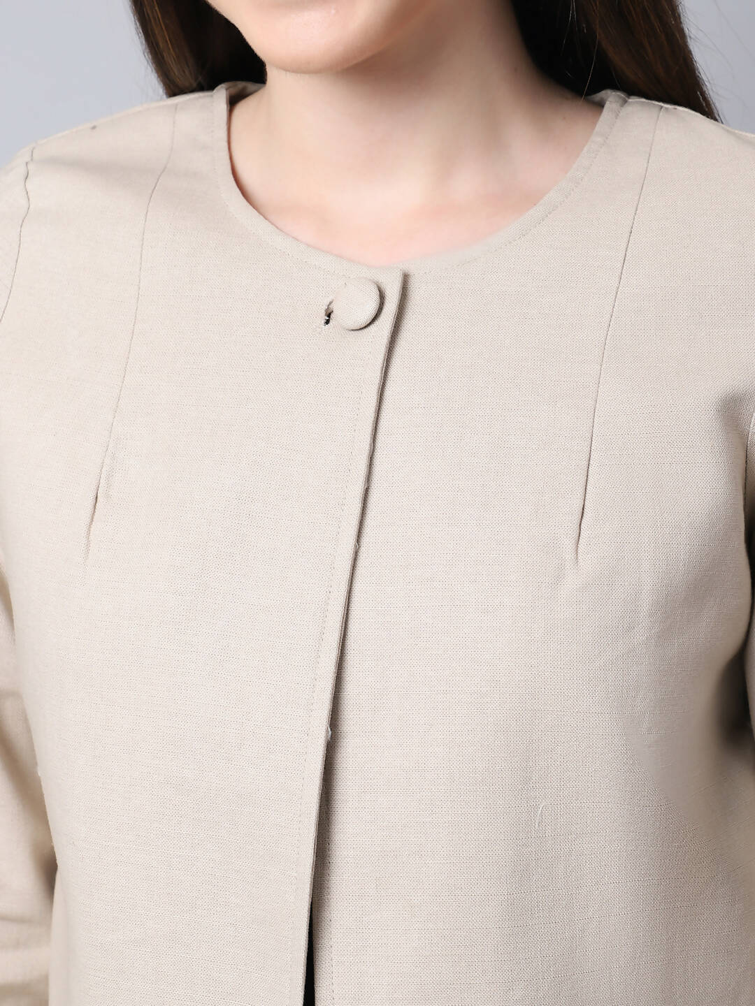 Even Apparels Cream Linen Cotton Open Front Statement Women's Jacket | Grocsy
