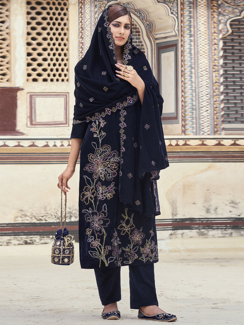 Jyoti Fashion Women's Navy Blue Velvet Resham Thread with Jari & Sequin Kurta with Trouser & Dupatta | Grocsy