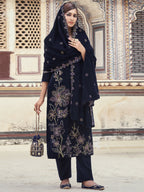 Jyoti Fashion Women's Navy Blue Velvet Resham Thread with Jari & Sequin Kurta with Trouser & Dupatta | Grocsy