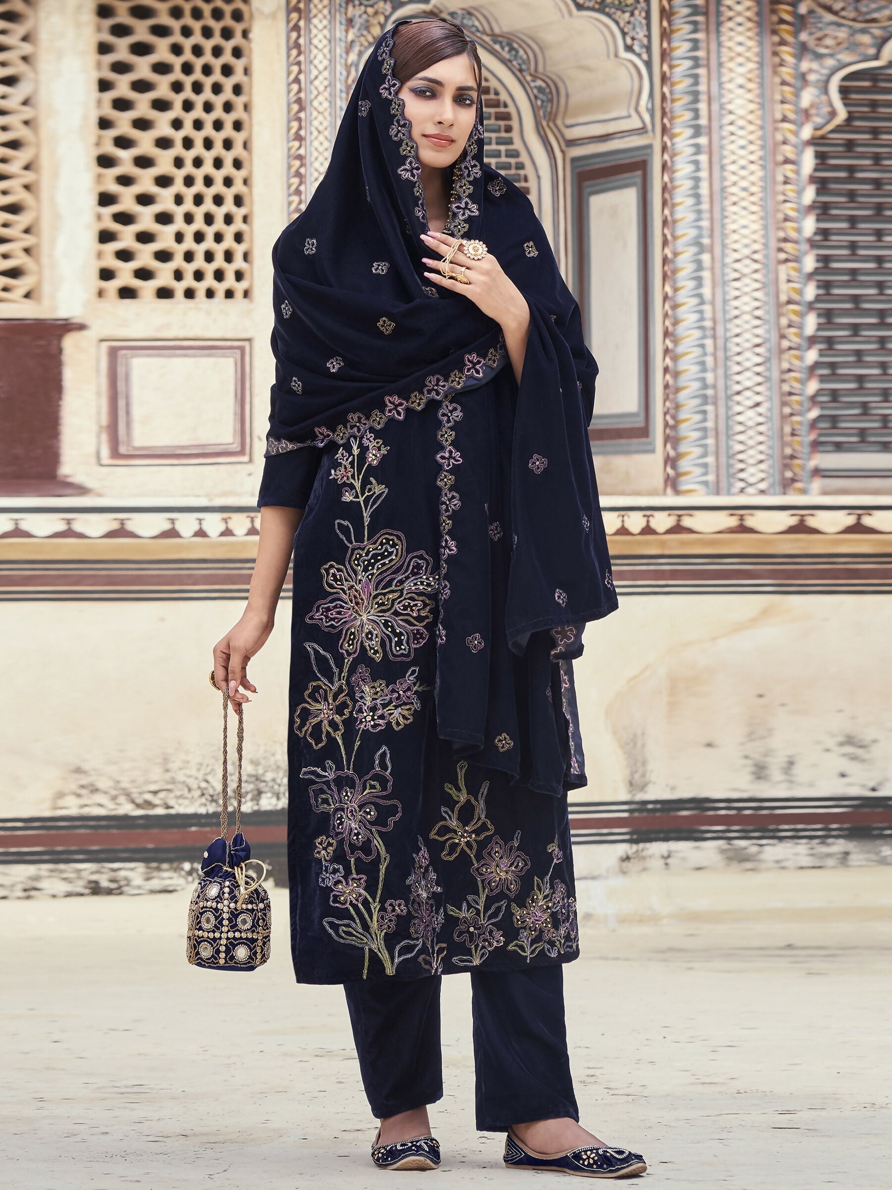 Jyoti Fashion Women's Navy Blue Velvet Resham Thread with Jari & Sequin Kurta with Trouser & Dupatta | Grocsy