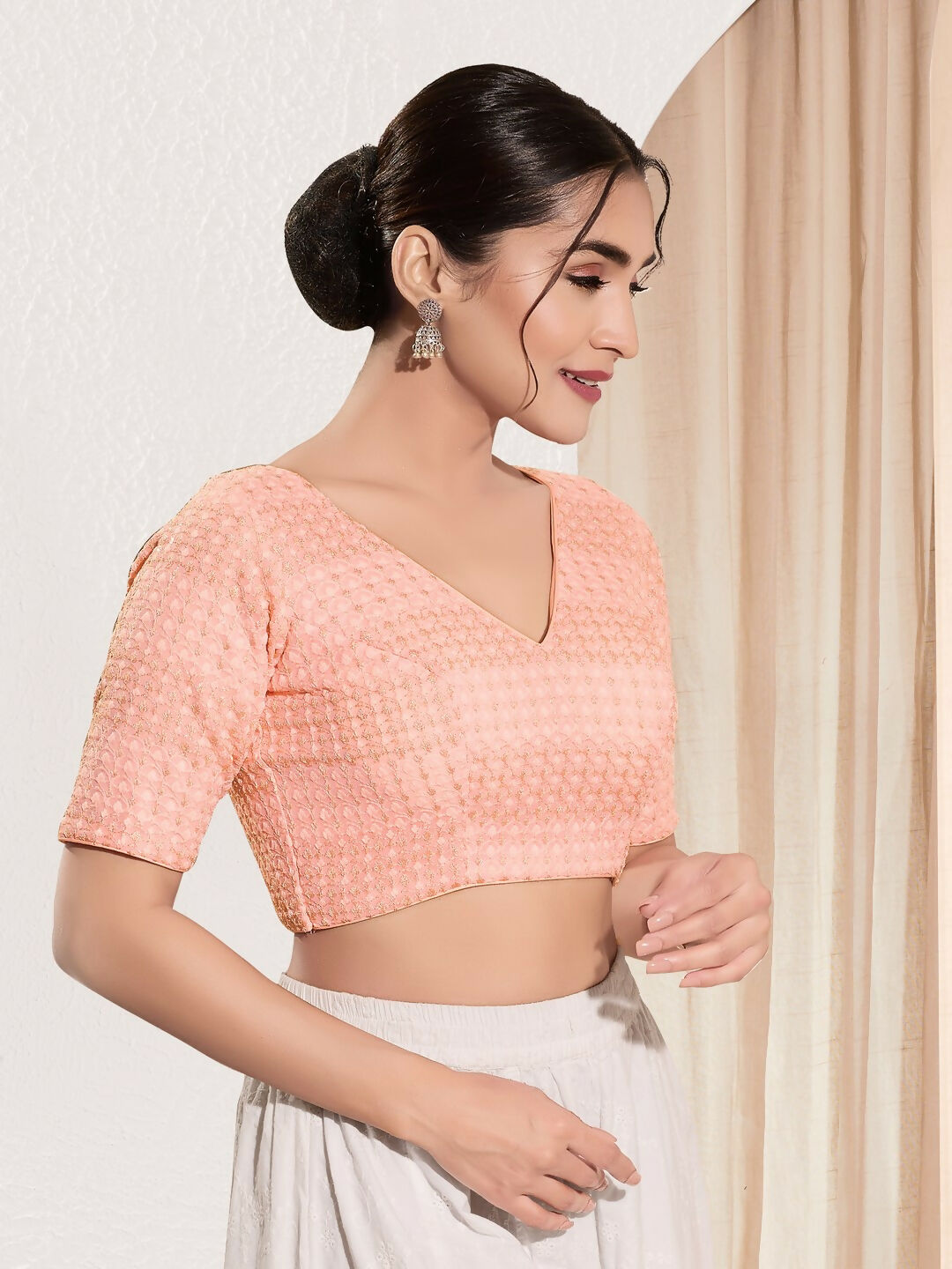 Joban Fashion Peach Crochet Padded Blouse With V Neck Elbow Sleeves | Grocsy