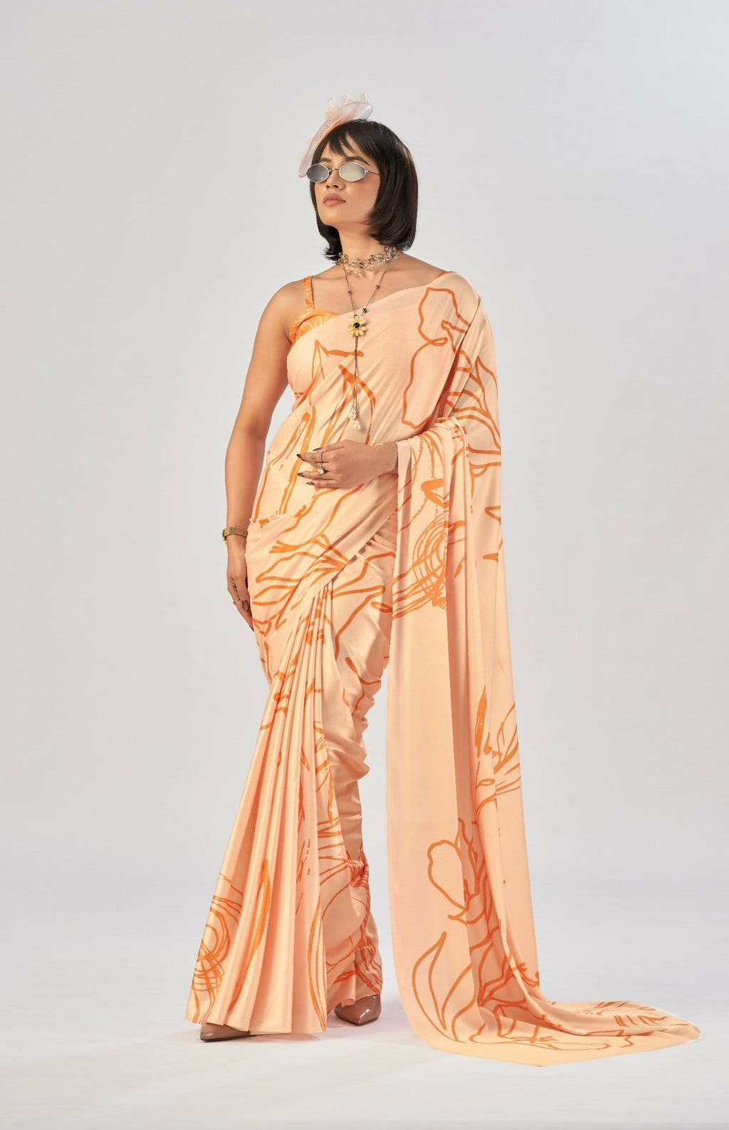 Vastranavya Orange Satin Silk Elegant Printed Saree with Unstitched Blouse | Grocsy