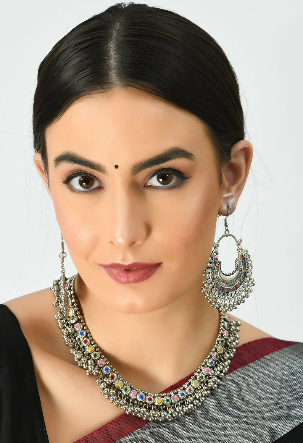 Mominos Fashion Johar Kamal Oxidised Silver-Plated Meena Work Choker Set | Grocsy