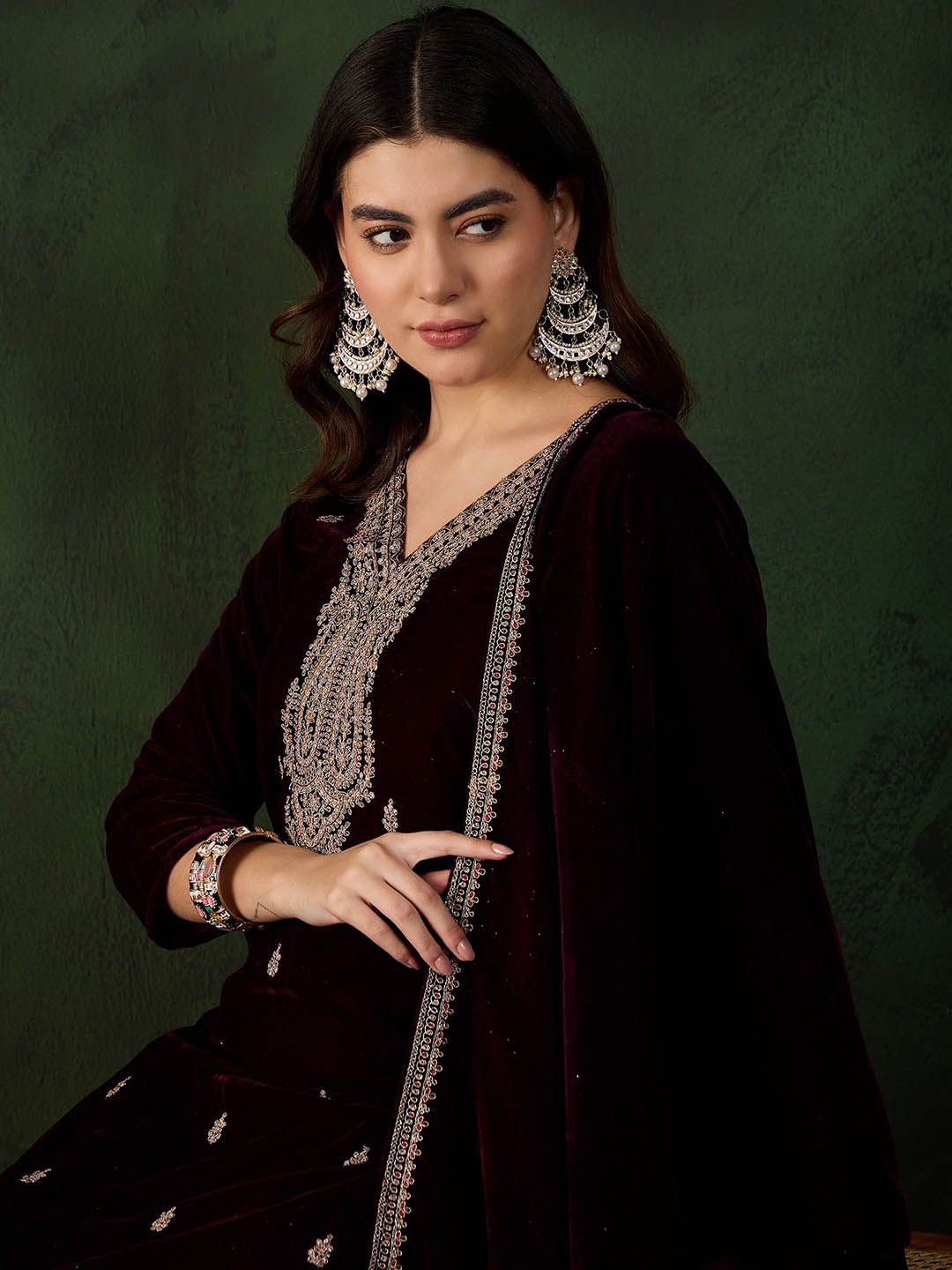 Sangria Floral Embroidered Straight Kurta & Trousers With Dupatta | Grocsy