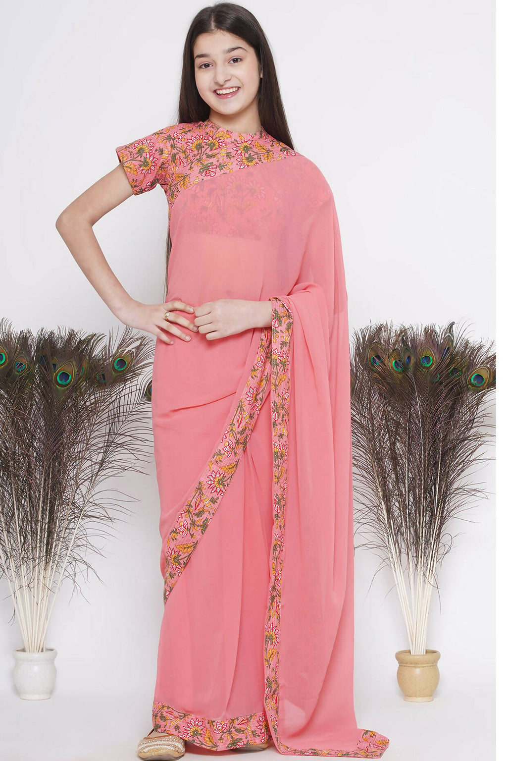 Little Bansi Floral Print Ready To Wear Saree And Floral Blouse - Coral | Grocsy
